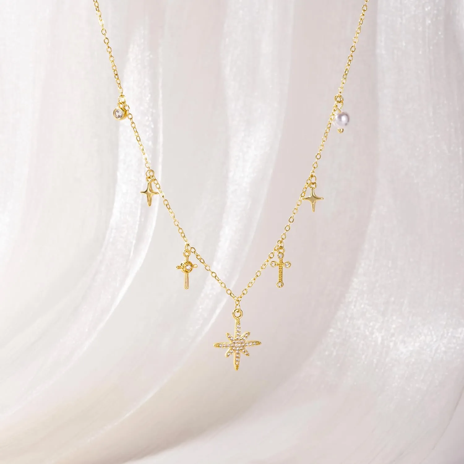 Charm Necklaces for Women, 14K Gold Plated Pendant Necklace, Pearl Cross Heart Sea Shell Star Cowgirl CZ Choker Non Tarnish Paperclip Chain Choker Dainty Simple Necklaces Jewelry for Women