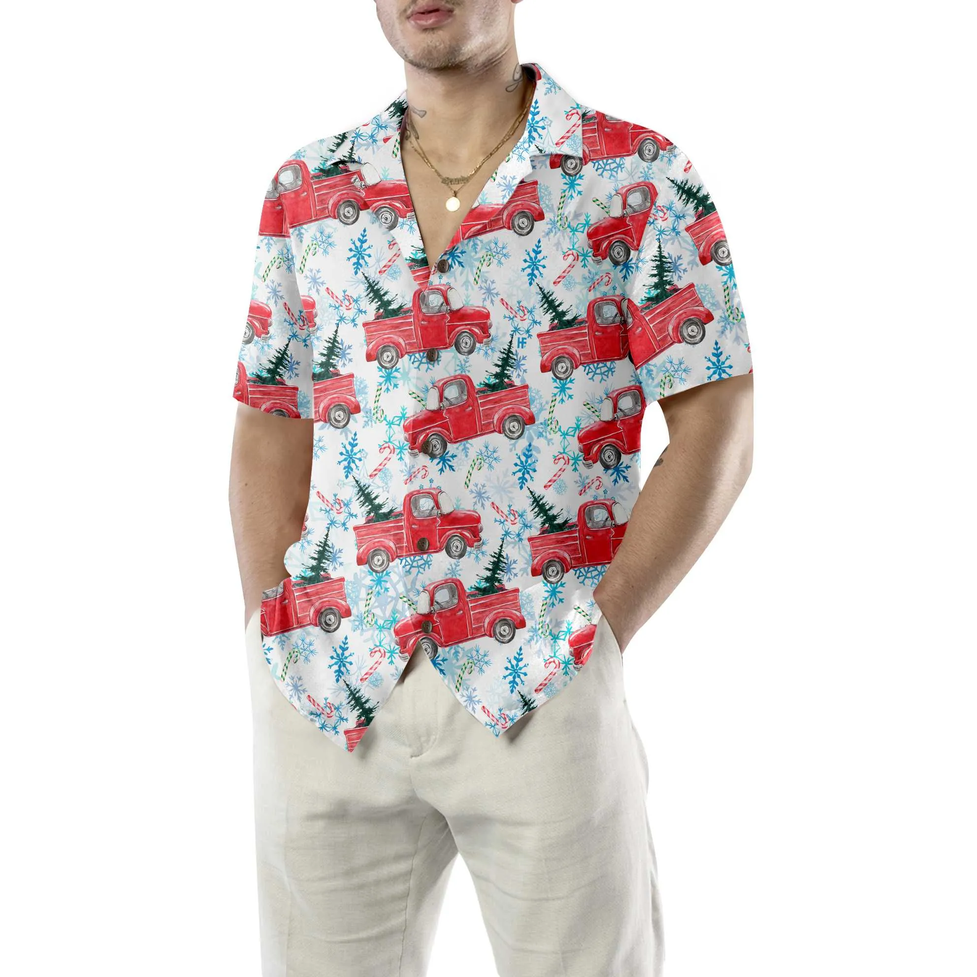 Christmas Red Retro Truck With Candy Cane Hawaiian Shirt