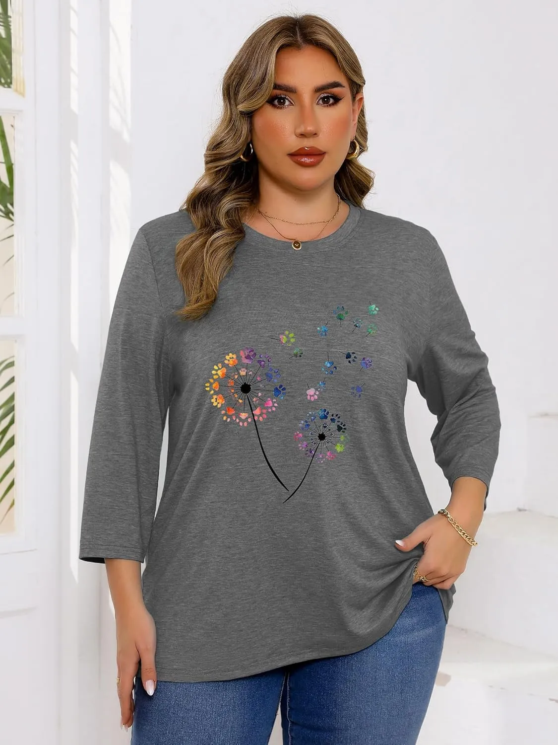 Chulianyouhuo Plus Size Tops for Women Cute Graphic Tees 3/4 Sleeve Flower Print Loose Fit Summer Casual T Shirts