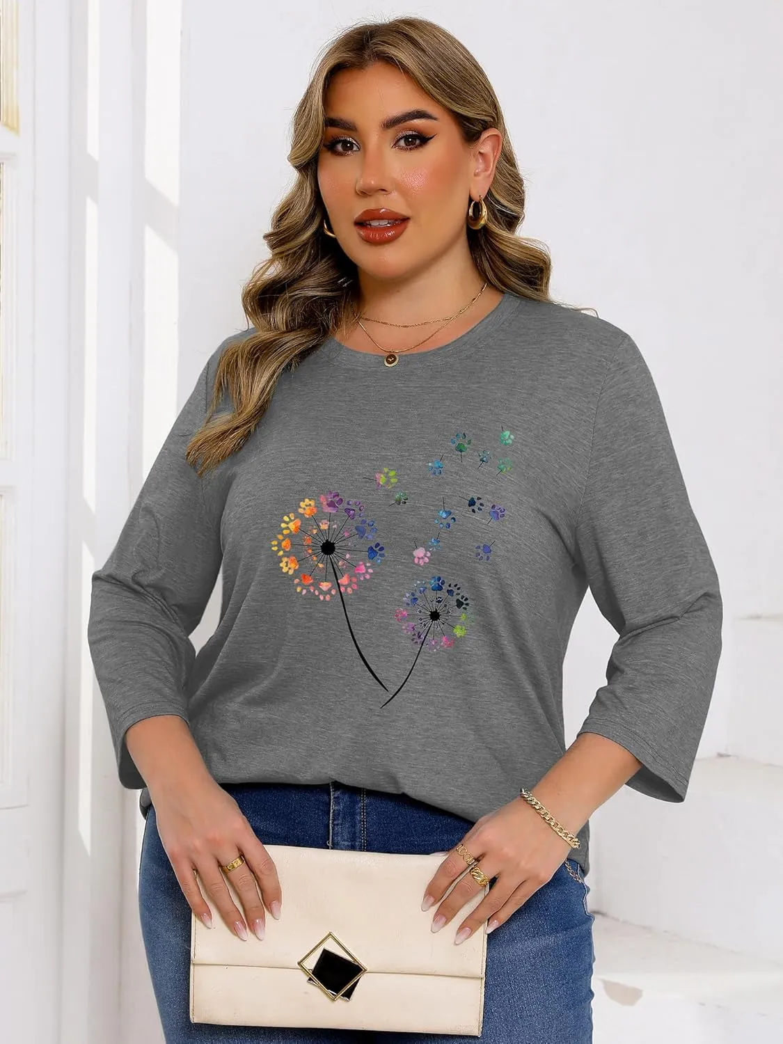 Chulianyouhuo Plus Size Tops for Women Cute Graphic Tees 3/4 Sleeve Flower Print Loose Fit Summer Casual T Shirts