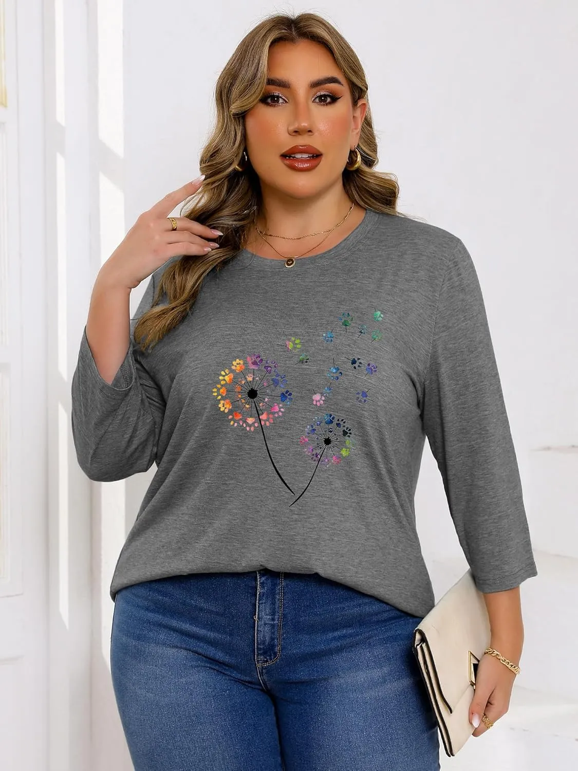 Chulianyouhuo Plus Size Tops for Women Cute Graphic Tees 3/4 Sleeve Flower Print Loose Fit Summer Casual T Shirts