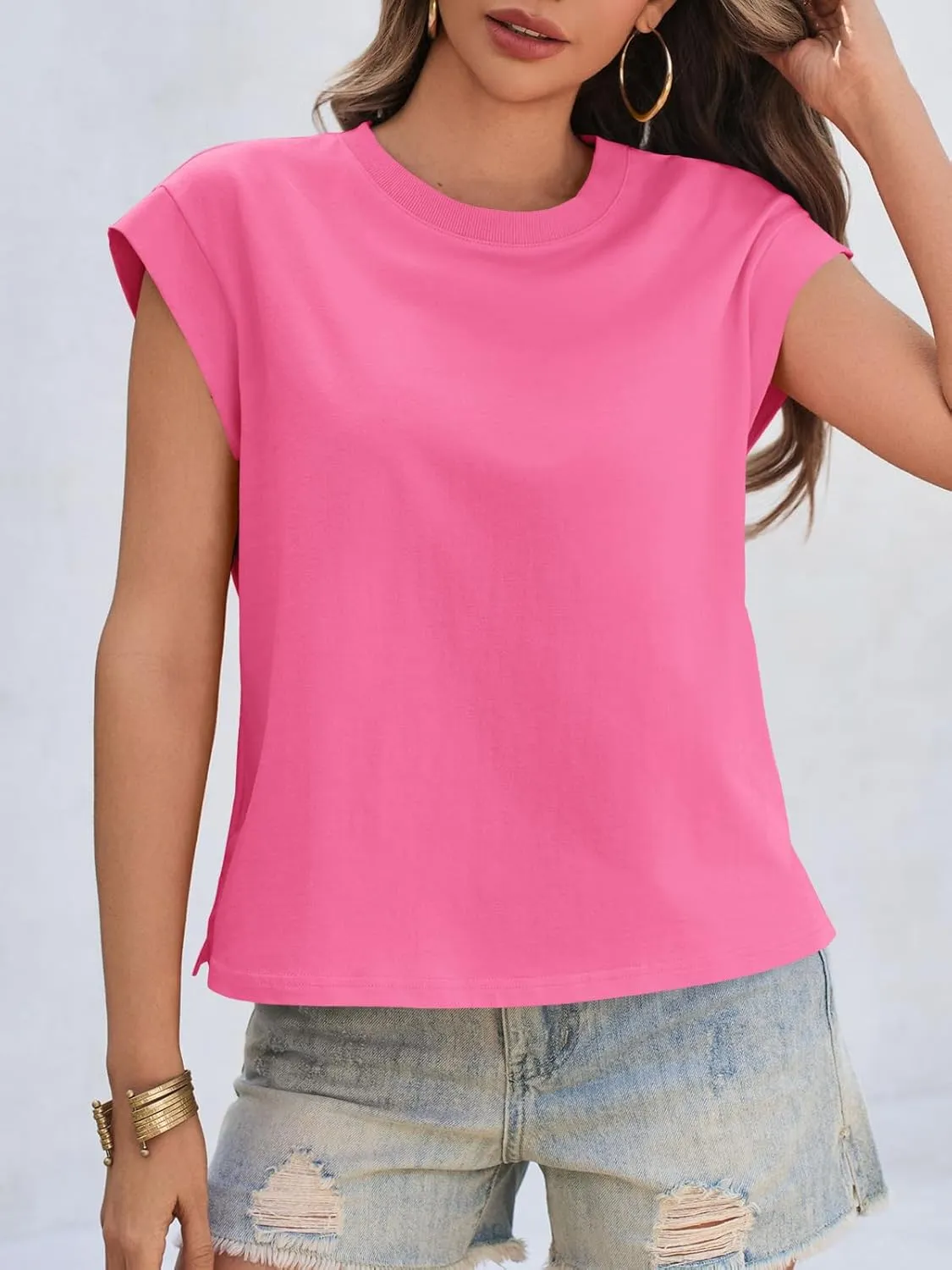 Cicy Bell Womens Cap Sleeve Cotton Tank Tops Summer Casual Loose Fit T Shirts Crew Neck Basic Tee