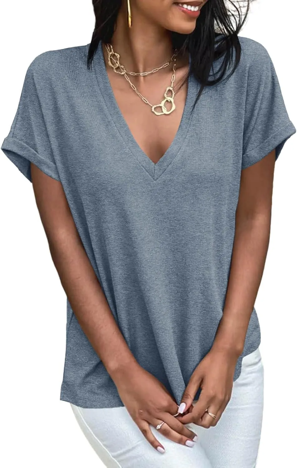Cicy Bell Womens Summer Oversized T-Shirts V Neck Rolled Short Sleeve Casual Tops Loose Fit Tunic Tees
