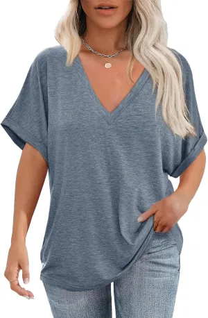 Cicy Bell Womens Summer Oversized T-Shirts V Neck Rolled Short Sleeve Casual Tops Loose Fit Tunic Tees