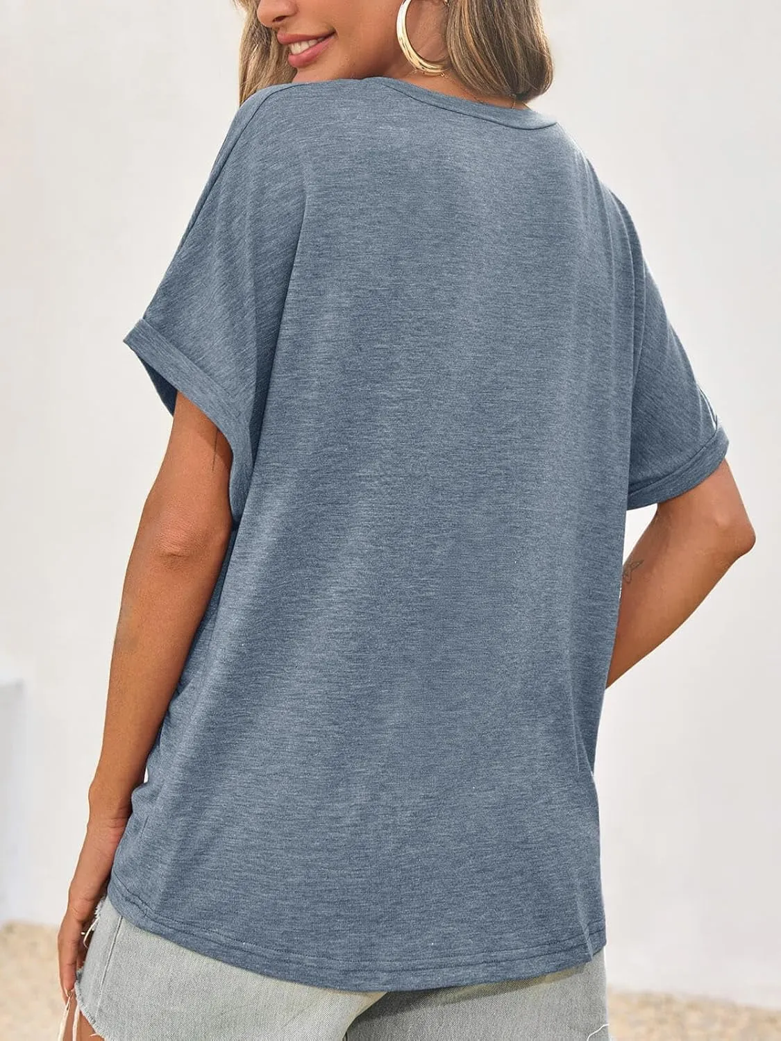 Cicy Bell Womens Summer Oversized T-Shirts V Neck Rolled Short Sleeve Casual Tops Loose Fit Tunic Tees