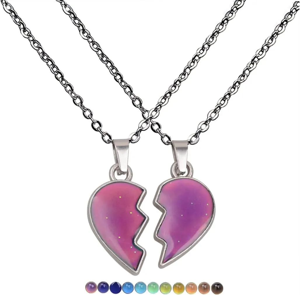 COLORFUL BLING 2Pcs/Set Temperature Sensing Color Changing Best Friens Friendship Necklace Stainless Steel Chain Broken Heart Pendant BFF Mood Jewelry Birthday Party Gifts