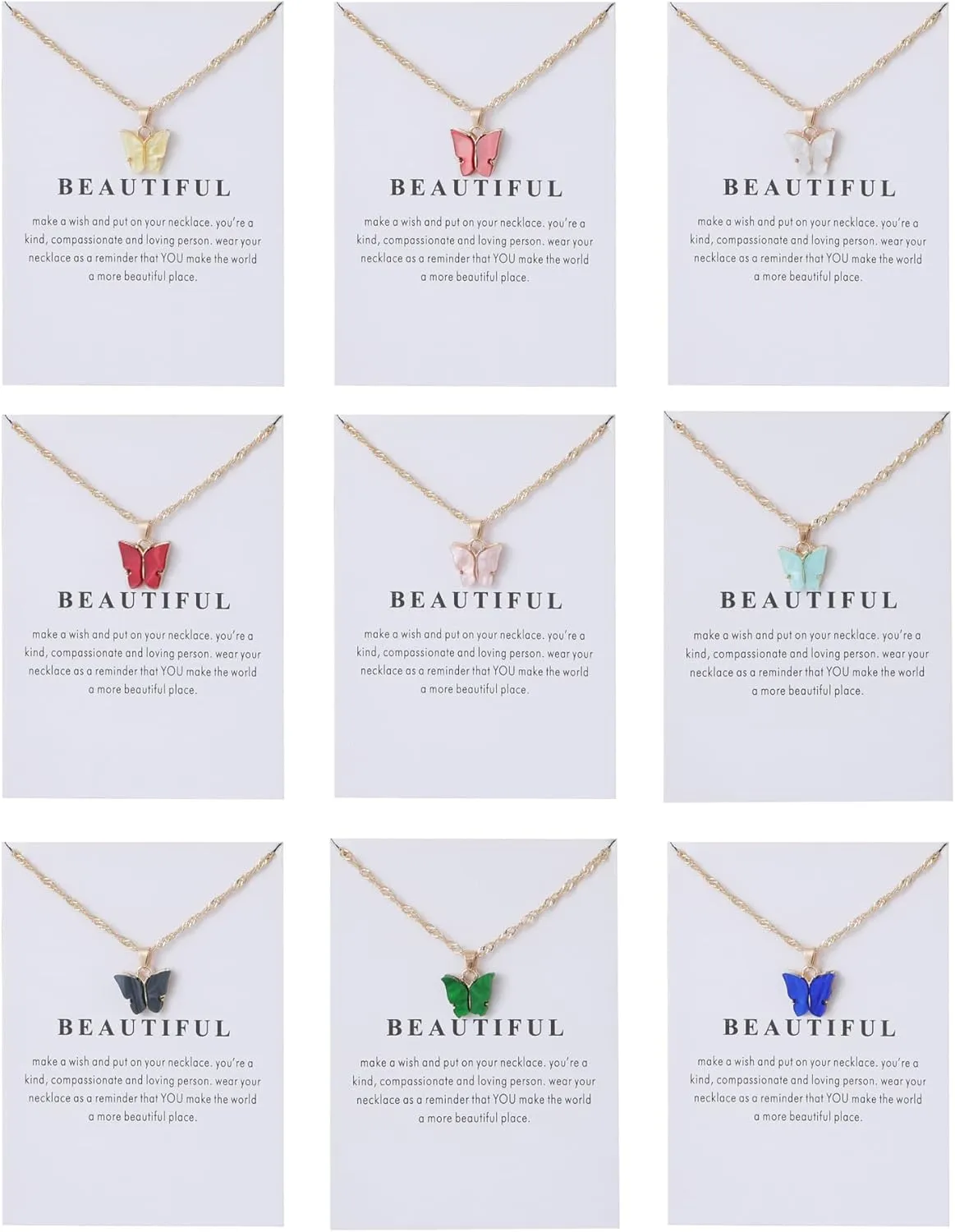 COLORFUL BLING 5-9Pcs Cute Butterfly Pendant Necklace Set for Women Acrylic Butterfly Necklace with Message Card Friendship BFF jewelry