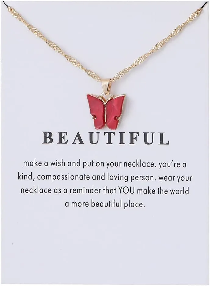 COLORFUL BLING 5-9Pcs Cute Butterfly Pendant Necklace Set for Women Acrylic Butterfly Necklace with Message Card Friendship BFF jewelry