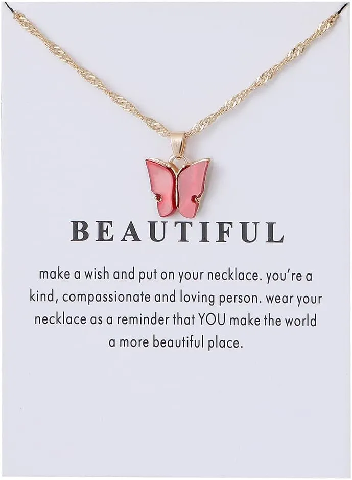 COLORFUL BLING 5-9Pcs Cute Butterfly Pendant Necklace Set for Women Acrylic Butterfly Necklace with Message Card Friendship BFF jewelry