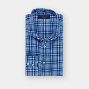 Contemporary Fit Blue & White Check Oxford Cotton Shirt with Cut-away Collar & Two Button Cuff