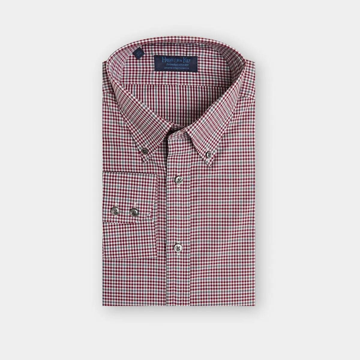 Contemporary Fit, Button Down Collar, 2 Button Cuff Shirt in a Wine, Grey & White Check Twill Cotton