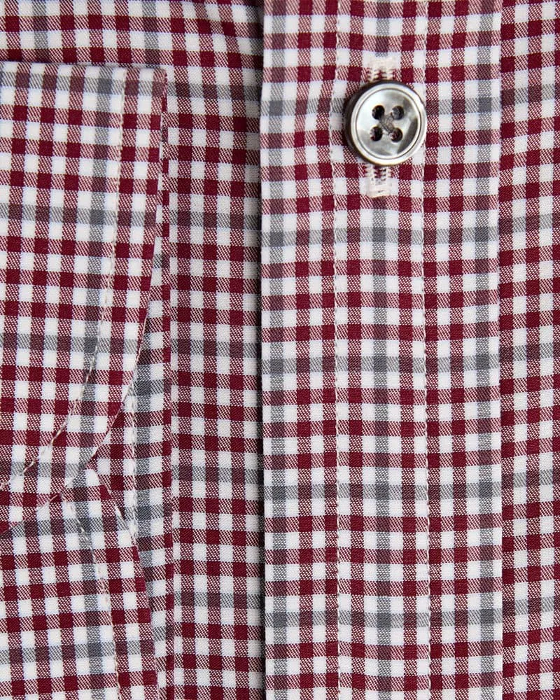 Contemporary Fit, Button Down Collar, 2 Button Cuff Shirt in a Wine, Grey & White Check Twill Cotton