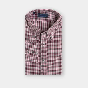 Contemporary Fit, Button Down Collar, 2 Button Cuff Shirt in a Wine, Grey & White Check Twill Cotton