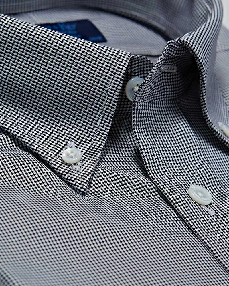 Contemporary Fit, Button Down Collar, Two Button Cuff Shirt In Black & White Micro Houndstooth