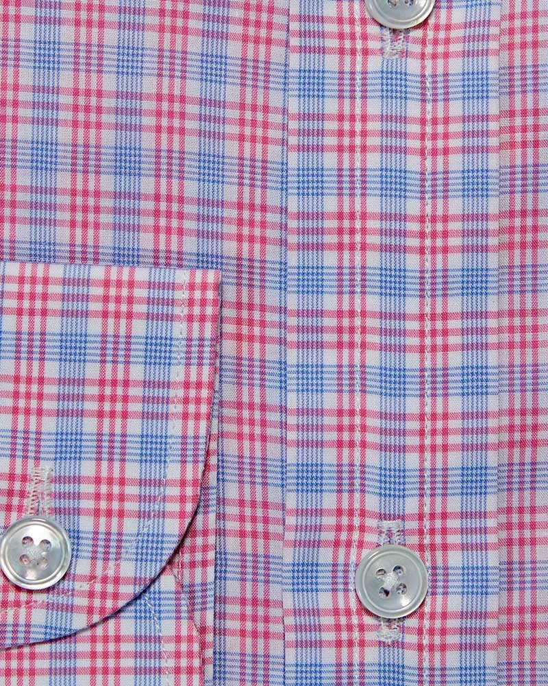 Contemporary Fit, Button Down Collar, Two Button Cuff Shirt In Blue With Pink Overcheck