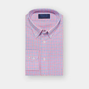 Contemporary Fit, Button Down Collar, Two Button Cuff Shirt In Blue With Pink Overcheck