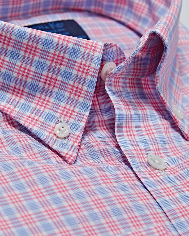 Contemporary Fit, Button Down Collar, Two Button Cuff Shirt In Blue With Pink Overcheck