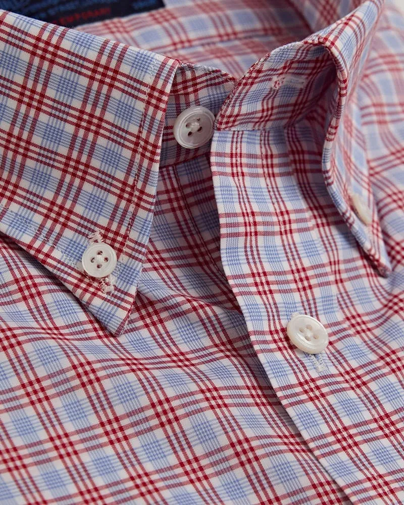 Contemporary Fit, Button Down Collar, Two Button Cuff Shirt In Blue With Red Overcheck