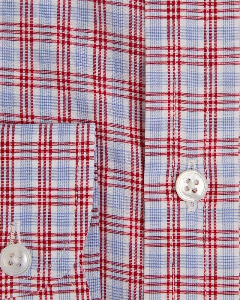 Contemporary Fit, Button Down Collar, Two Button Cuff Shirt In Blue With Red Overcheck