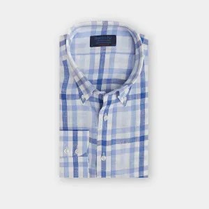 Contemporary Fit, Buttondown Collar, 2 Button Cuff Shirt in a Blue & White Check Twill Linen