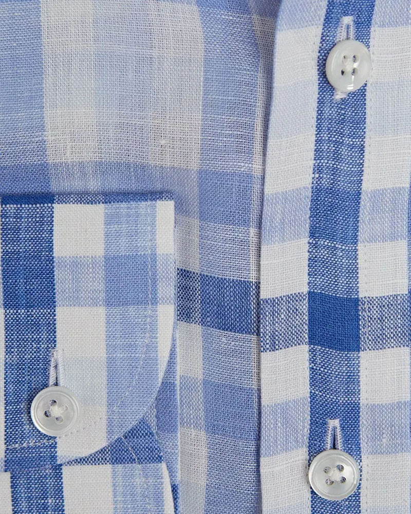 Contemporary Fit, Buttondown Collar, 2 Button Cuff Shirt in a Blue & White Check Twill Linen