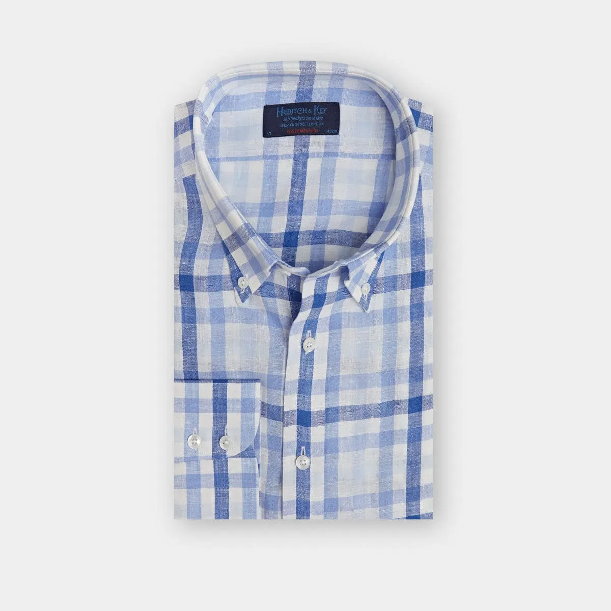 Contemporary Fit, Buttondown Collar, 2 Button Cuff Shirt in a Blue & White Check Twill Linen