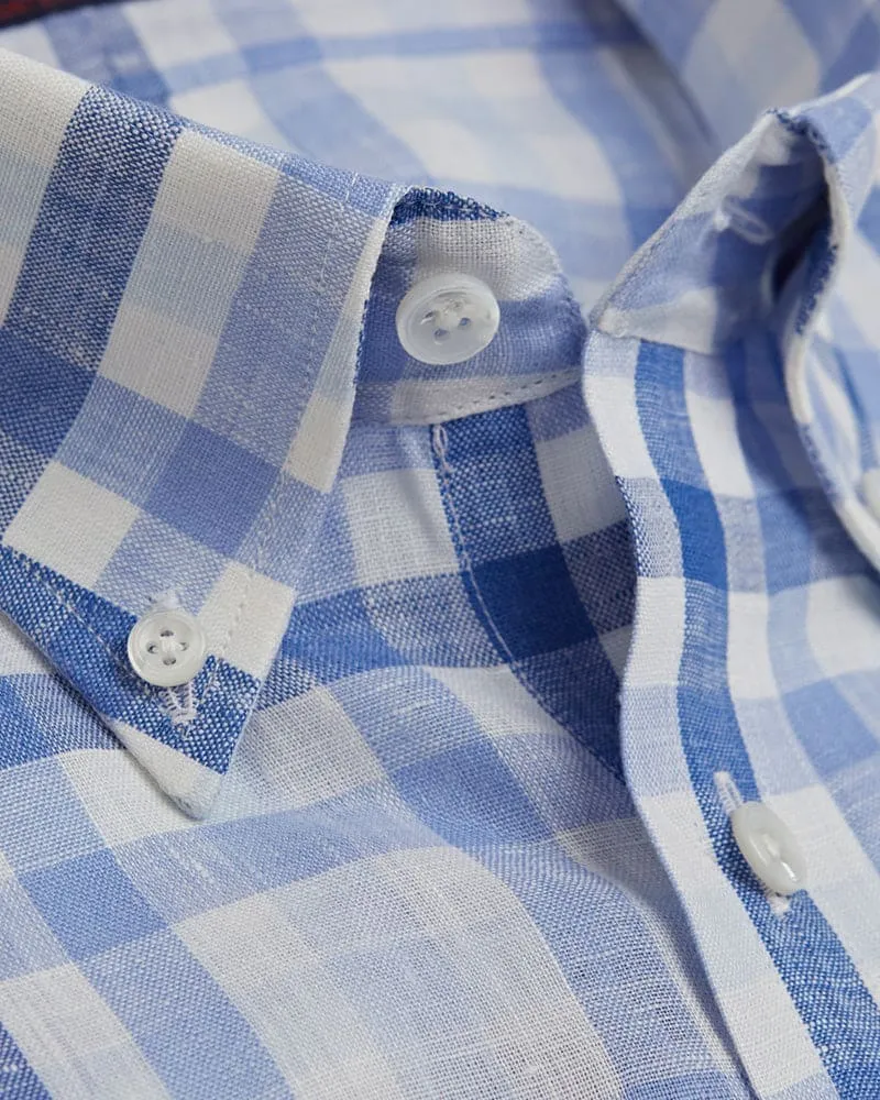 Contemporary Fit, Buttondown Collar, 2 Button Cuff Shirt in a Blue & White Check Twill Linen