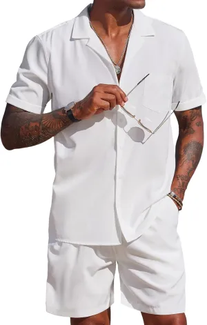 COOFANDY Men's 2 Pieces Shirt Set Short Sleeve Button Down Casual Hippie Holiday Beach T-Shirts Shorts Outfits