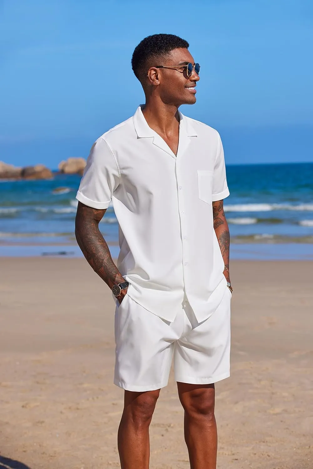 COOFANDY Men's 2 Pieces Shirt Set Short Sleeve Button Down Casual Hippie Holiday Beach T-Shirts Shorts Outfits