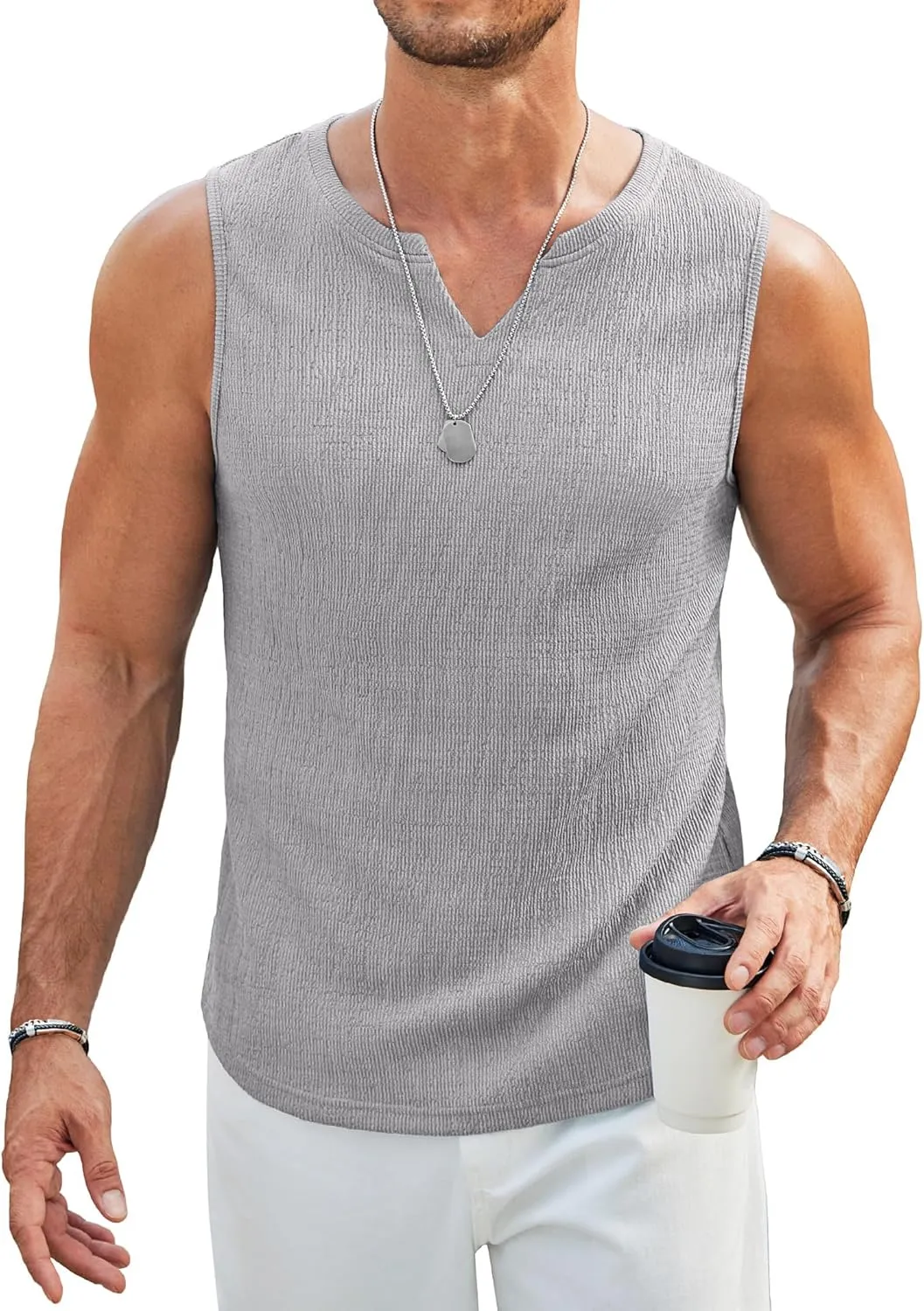 COOFANDY Men's Casual Tank Tops Knit V Neck Sleeveless T Shirts 2 Pack Summer Beach Lightweight Muscle Tee