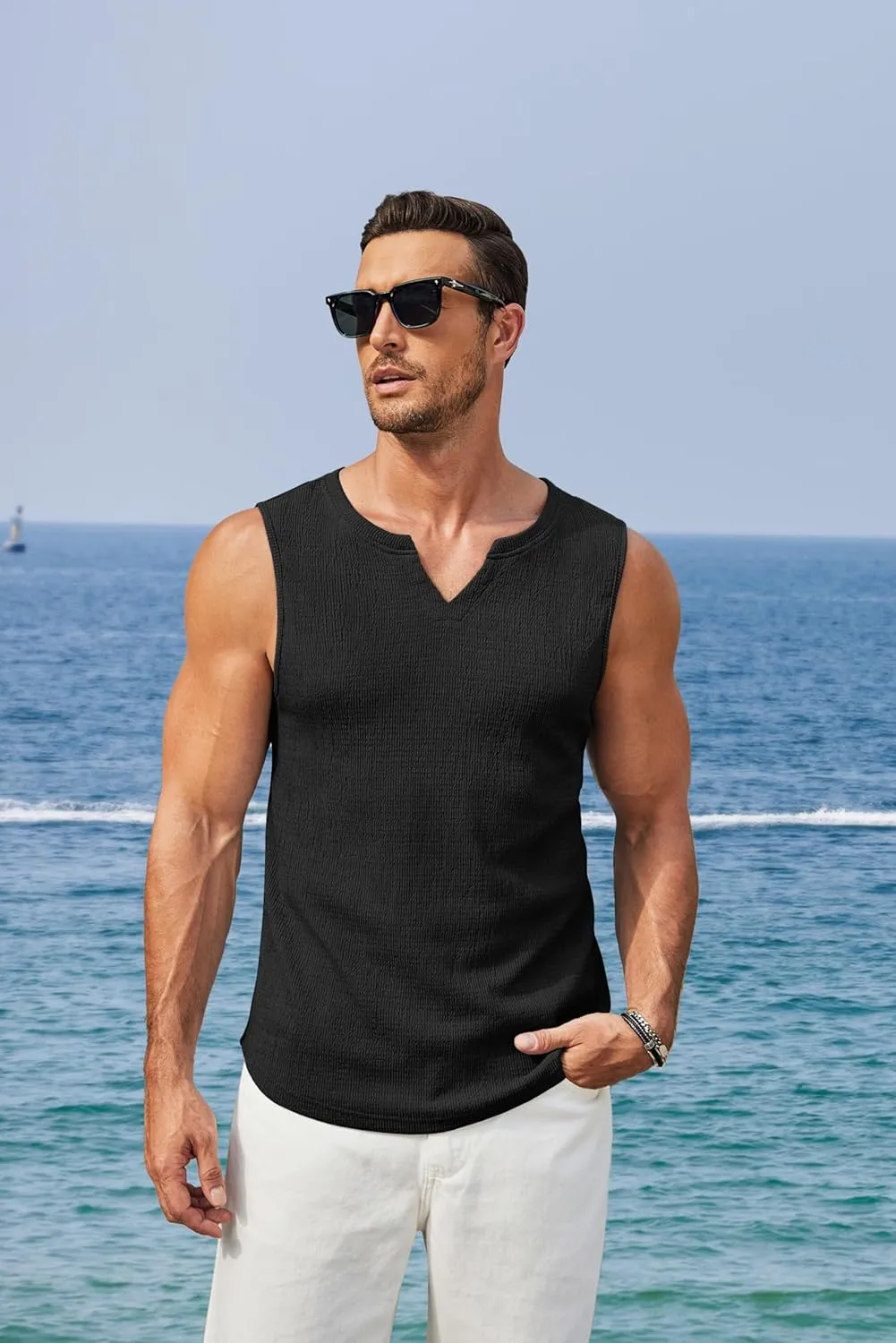 COOFANDY Men's Casual Tank Tops Knit V Neck Sleeveless T Shirts 2 Pack Summer Beach Lightweight Muscle Tee