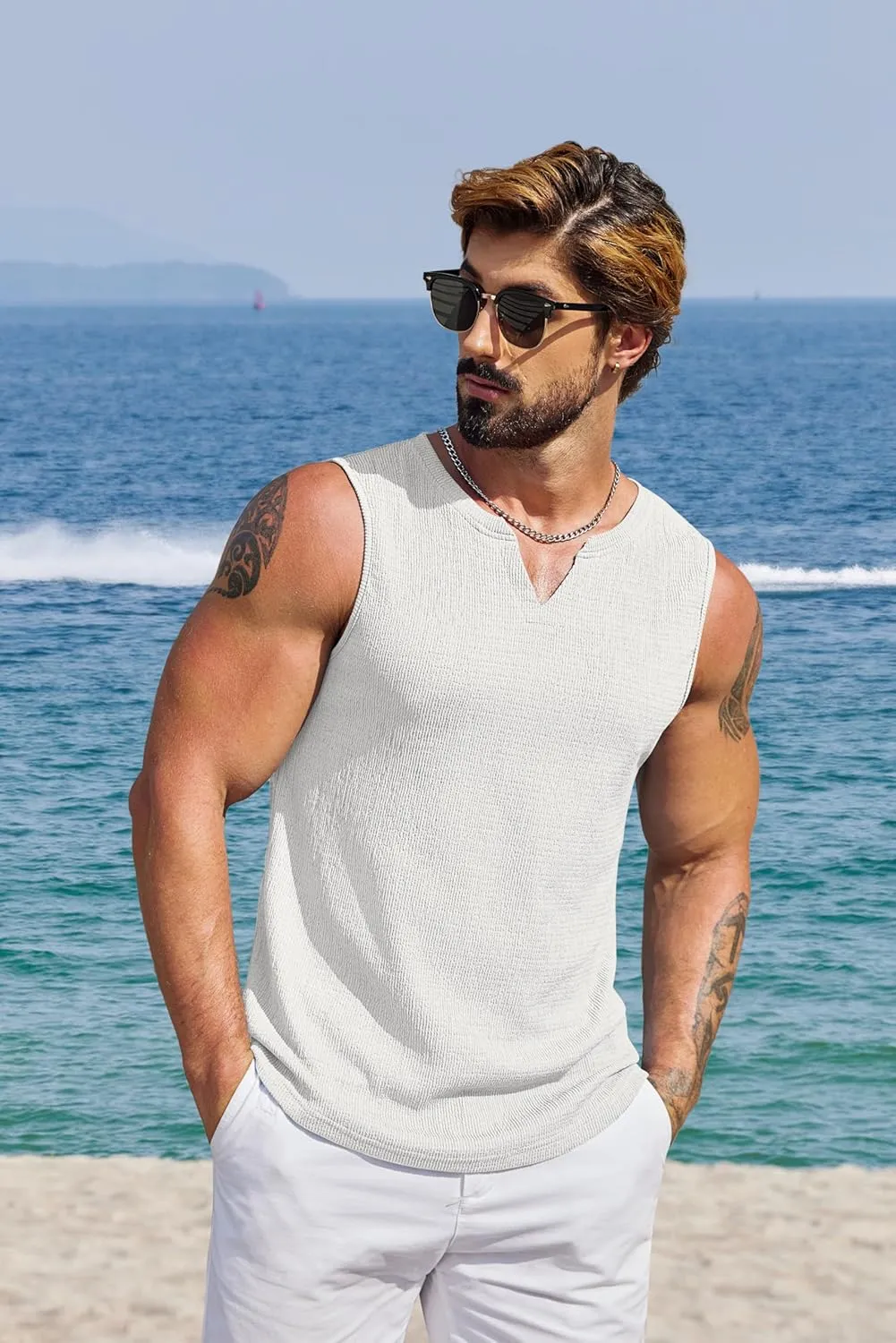 COOFANDY Men's Casual Tank Tops Knit V Neck Sleeveless T Shirts 2 Pack Summer Beach Lightweight Muscle Tee