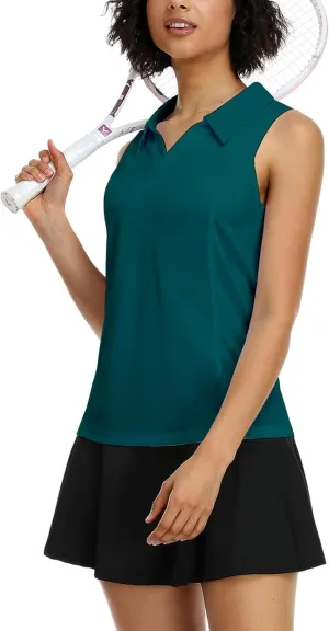 COOrun Women's Golf Polo Shirts Sleeveless Quick Dry Tennis T-Shirts Lightweight V-Neck with Collar Tank Top