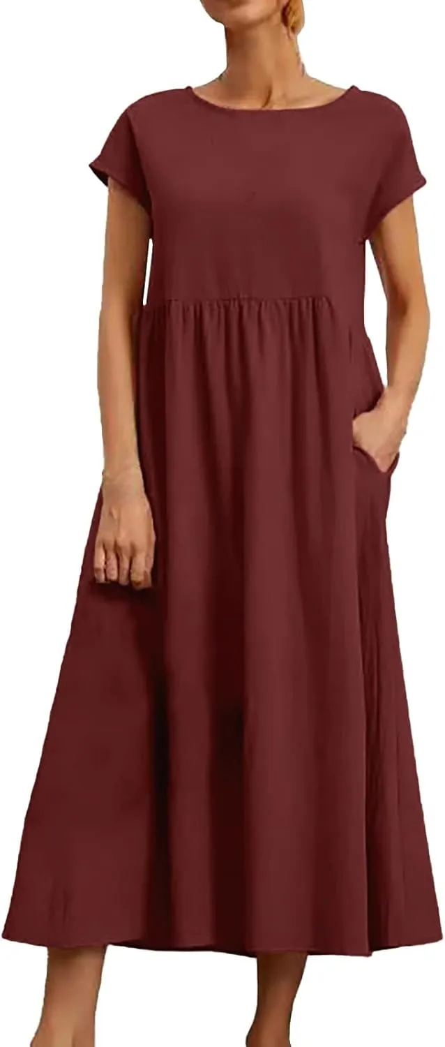 Cotton Dresses for Women 2024 Casual Summer Tee Shirt Midi Long Dress Short Sleeve T Shirts Dresses with Pockets