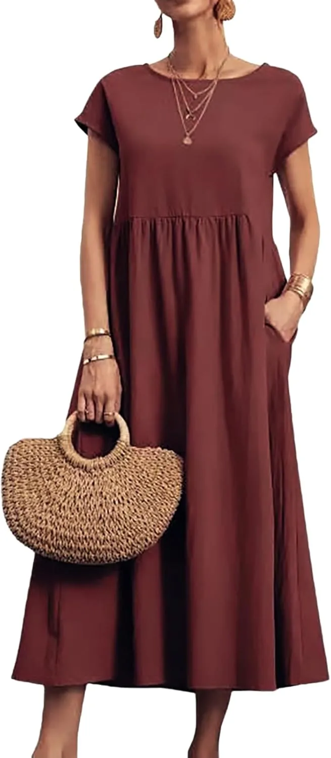 Cotton Dresses for Women 2024 Casual Summer Tee Shirt Midi Long Dress Short Sleeve T Shirts Dresses with Pockets