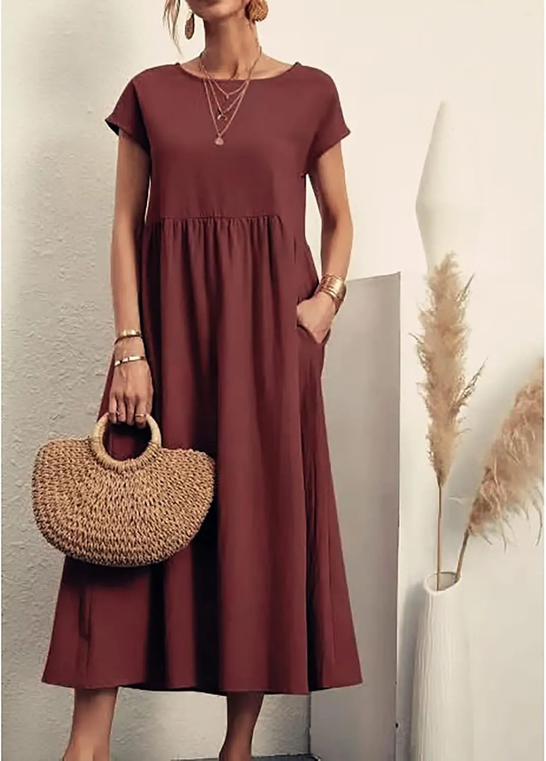 Cotton Dresses for Women 2024 Casual Summer Tee Shirt Midi Long Dress Short Sleeve T Shirts Dresses with Pockets