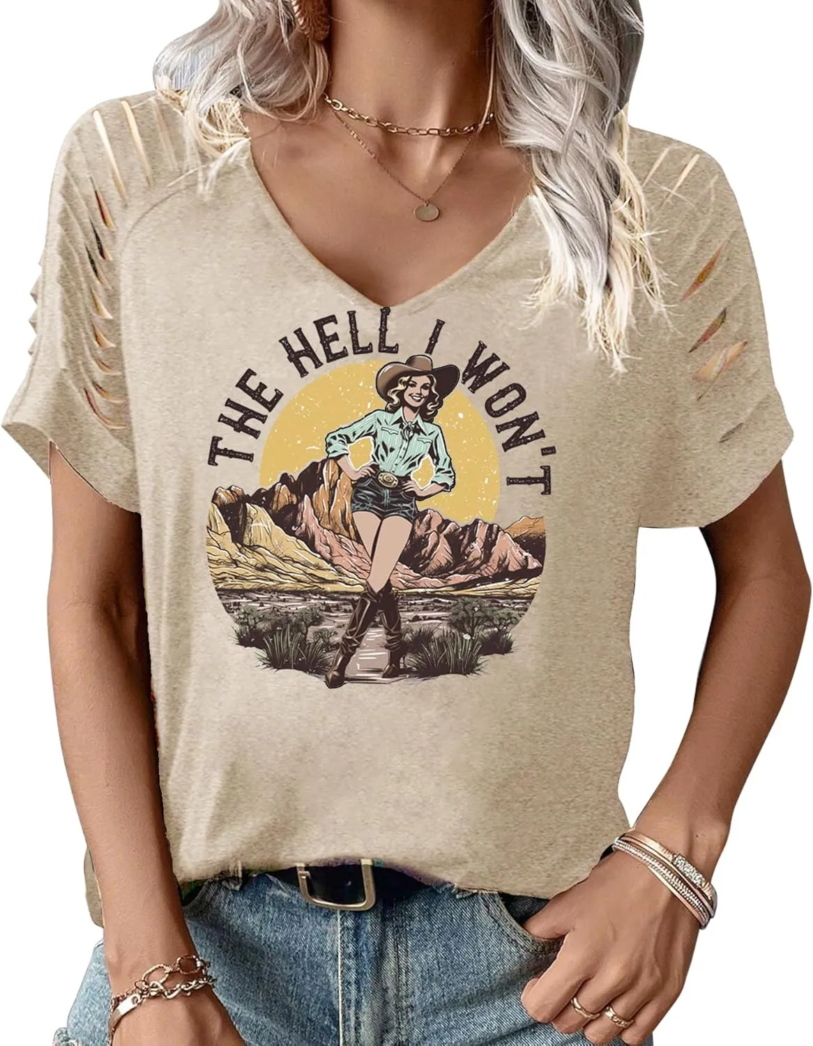 Country Concert Outfits for Women Nashville Cowgirl Western Country Graphic Tees Shirt Tops Cute V Neck Cut Out T Shirts