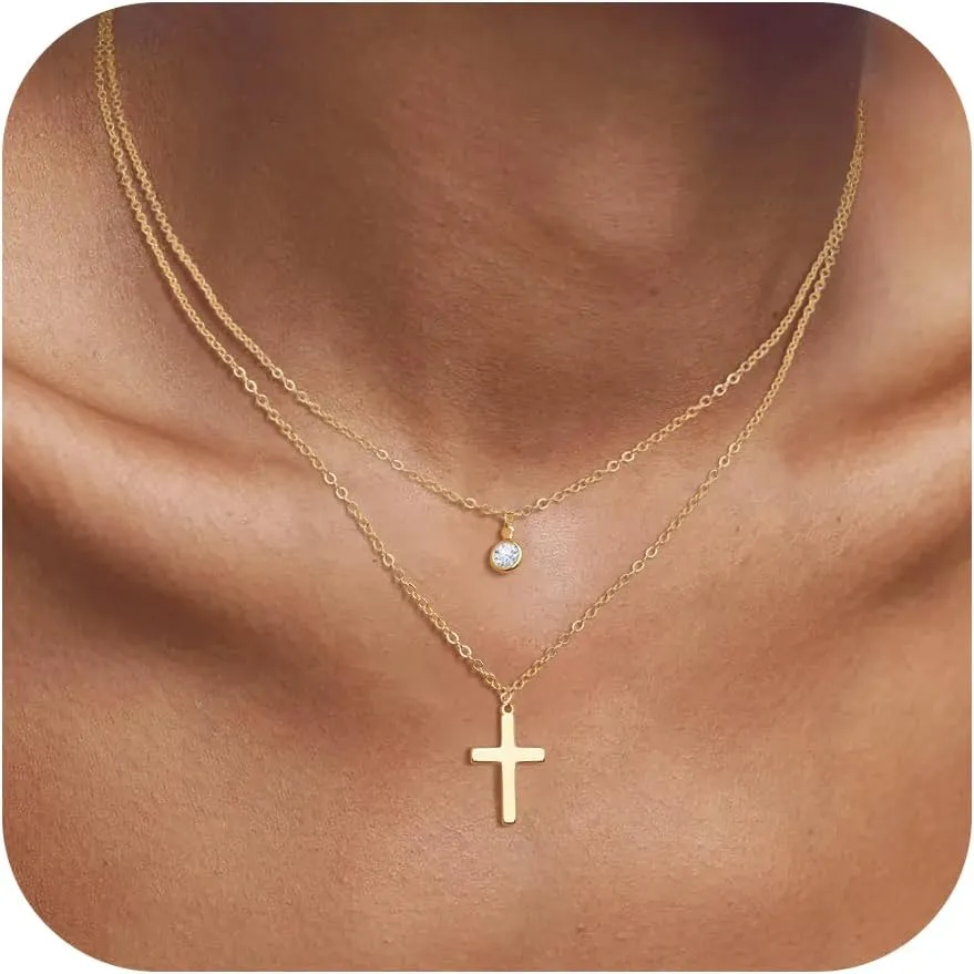 Cross Necklace for Women, 14K Gold/Silver Layered Cross Necklaces Dainty Cubic Zirconia Cross Necklaces Sideways Pearl Cross Choker Necklace for Women Trendy Necklace for Women Jewelry Gift