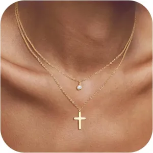 Cross Necklace for Women, 14K Gold/Silver Layered Cross Necklaces Dainty Cubic Zirconia Cross Necklaces Sideways Pearl Cross Choker Necklace for Women Trendy Necklace for Women Jewelry Gift