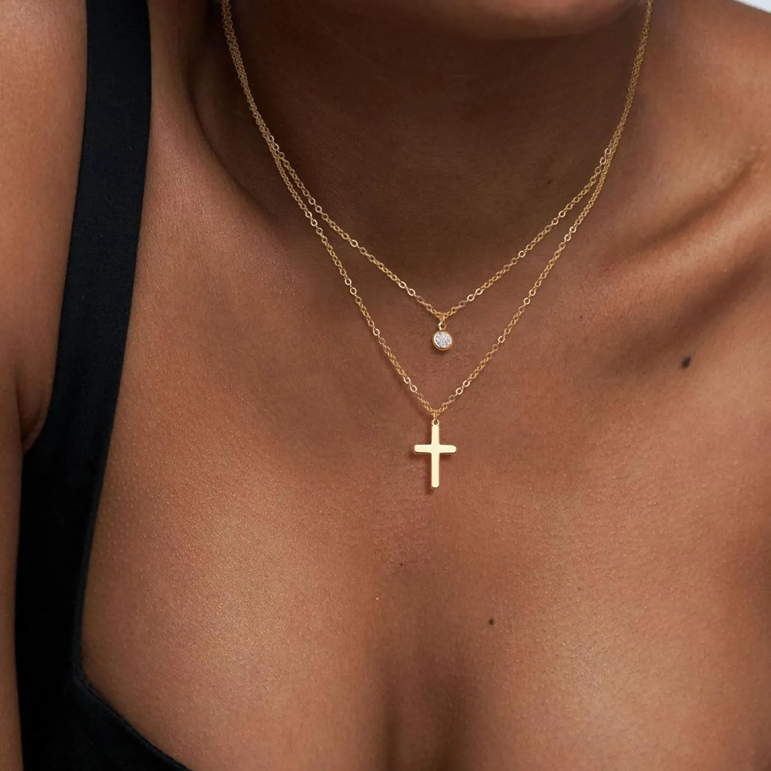 Cross Necklace for Women, 14K Gold/Silver Layered Cross Necklaces Dainty Cubic Zirconia Cross Necklaces Sideways Pearl Cross Choker Necklace for Women Trendy Necklace for Women Jewelry Gift