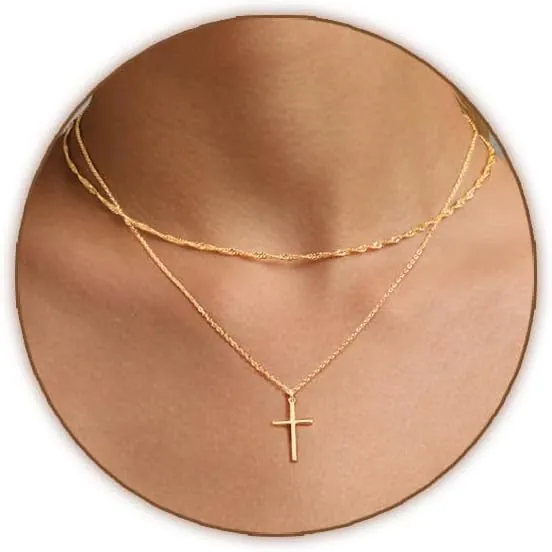 Cross Necklace for Women Gold/Silver Plated Layered Dainty Cross Chain Trendy Choker Satellite Charm Small Crucifix Pendant Gold/Silver Necklace Stackable Hypoallergenic Delicate Gift for Women