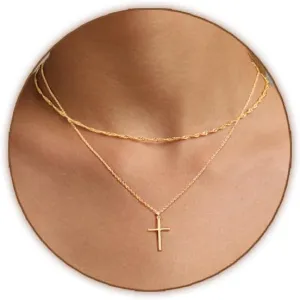 Cross Necklace for Women Gold/Silver Plated Layered Dainty Cross Chain Trendy Choker Satellite Charm Small Crucifix Pendant Gold/Silver Necklace Stackable Hypoallergenic Delicate Gift for Women