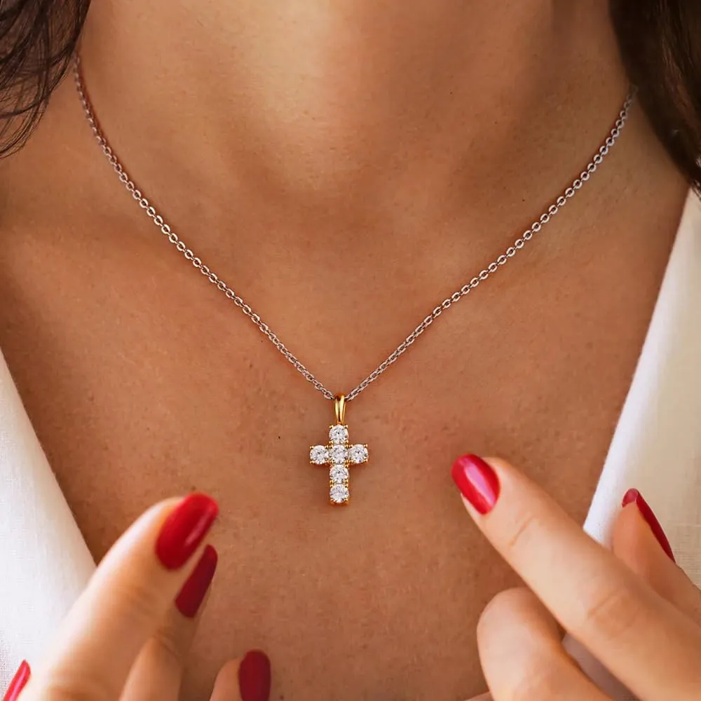 Cross Necklace for Women,18k Gold Plated 2 Tone Dainty Gold Necklace with Silver Chain