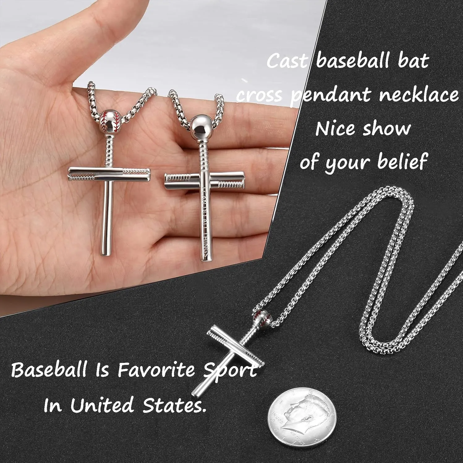 Cross Necklace Men Sports Stainless Steel Baseball Cross Necklaces Boys Gift