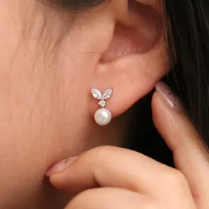 Cubic Leaf Pearl Drop Earrings