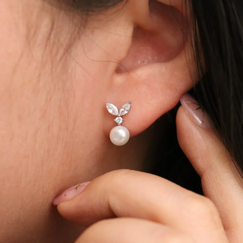Cubic Leaf Pearl Drop Earrings