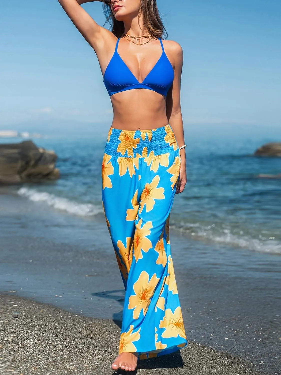 CUPSHE Womens Wide Leg Pants Elastic High Waisted Beach Trousers Cotton Linen Summer Palazzo