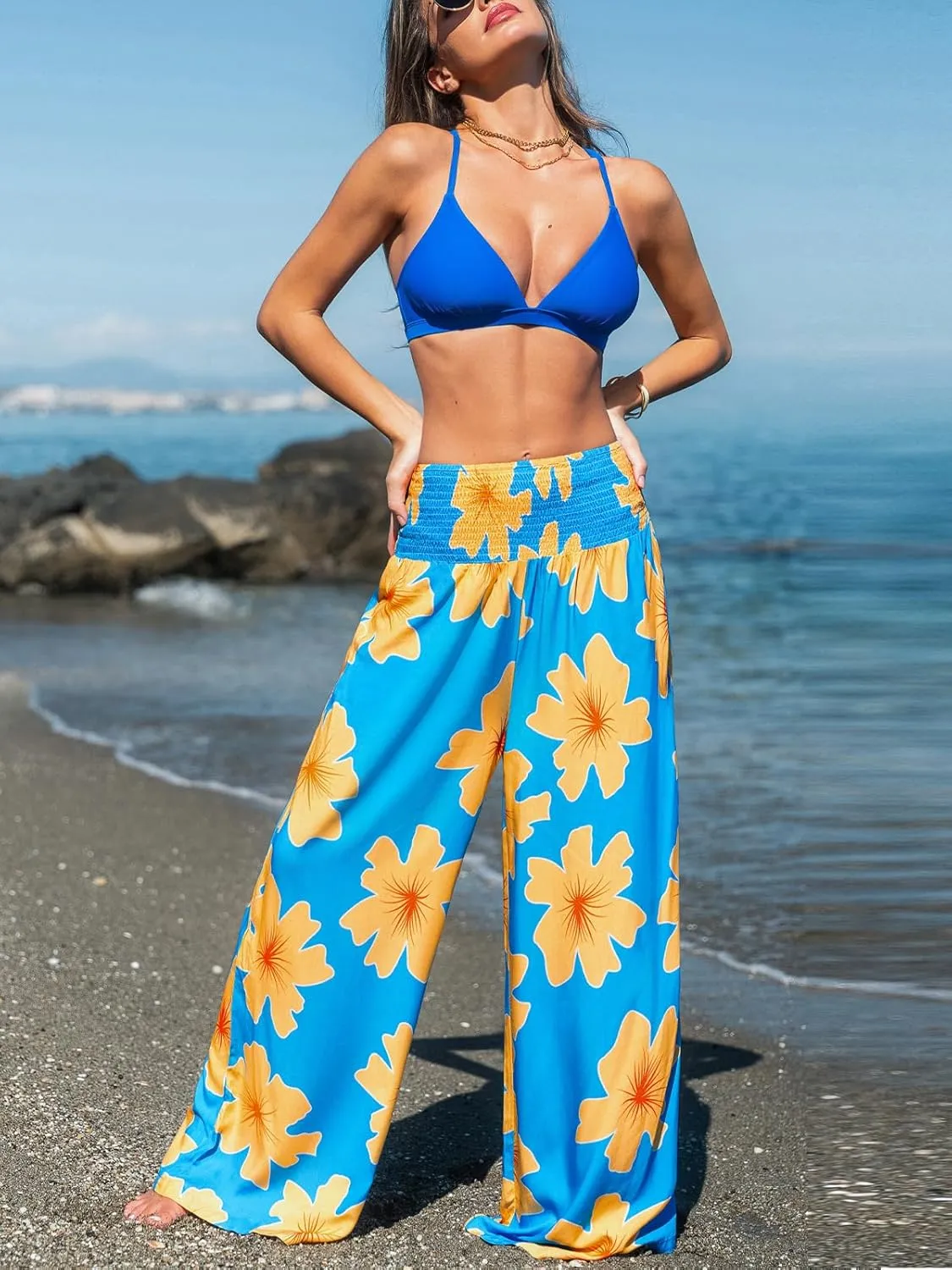CUPSHE Womens Wide Leg Pants Elastic High Waisted Beach Trousers Cotton Linen Summer Palazzo