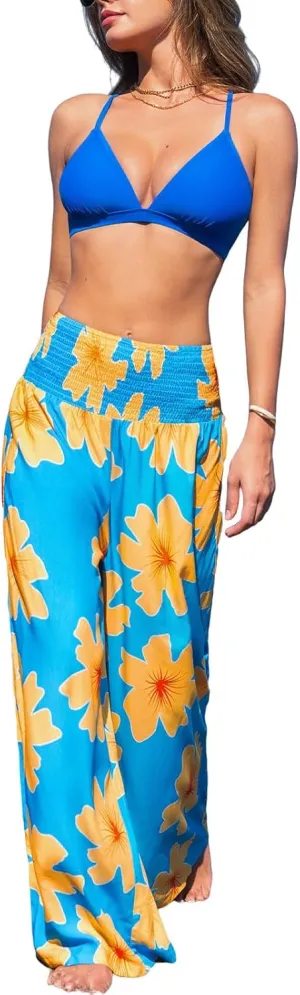 CUPSHE Womens Wide Leg Pants Elastic High Waisted Beach Trousers Cotton Linen Summer Palazzo