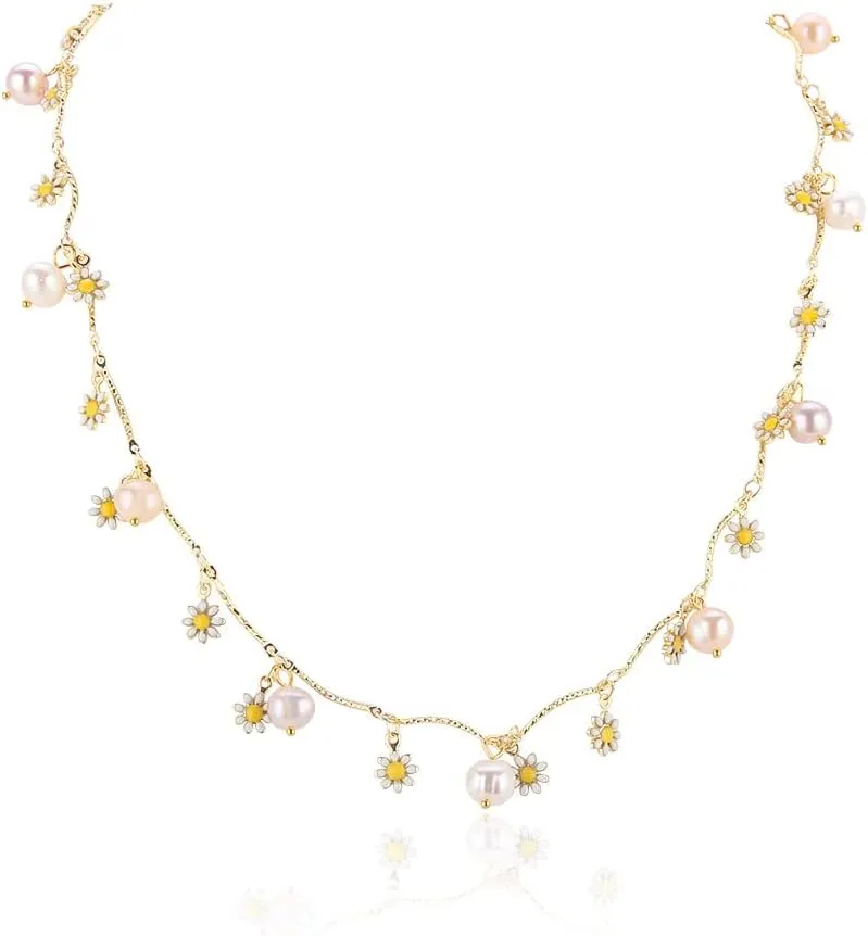 Daisy Flower Pendant Freshwater Pearl Necklace for Women's Pearl Strand Necklaces